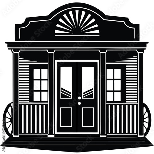 Black and White Western Saloon Illustration: Vintage Building with Double Doors and Wheels