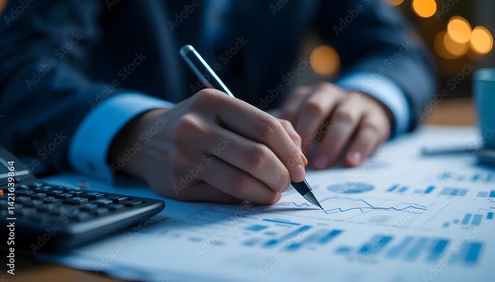 A close-up of an open financial document with graphs and charts, showing a hand holding a pen and pointing at data on the screen, A close-up of an open financial document with graphs and charts, showing a hand holding a pen and pointing at data on the screen,