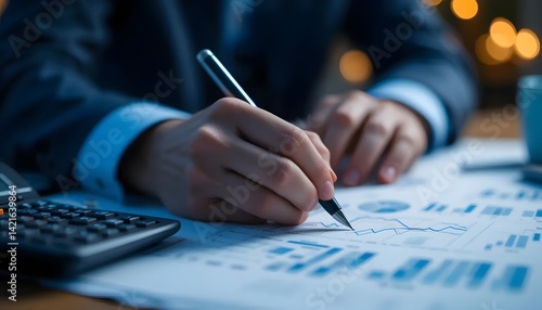 A close-up of an open financial document with graphs and charts, showing a hand holding a pen and pointing at data on the screen,