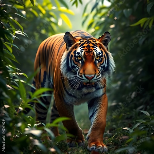 Fierce Royal Bengal Tiger Walking Through Dense Green Jungle – Soft Light and Sunlight Filtering Through Leaves

