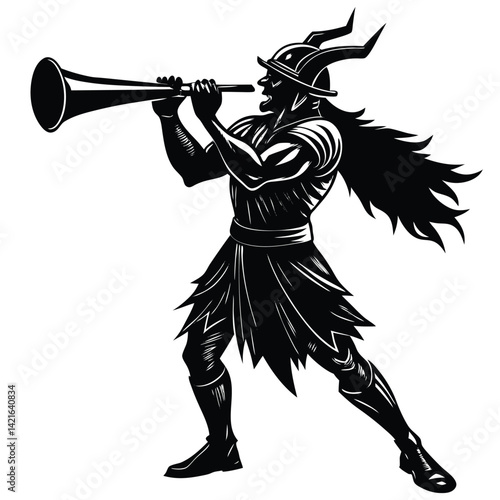 Viking Warrior Blowing Horn Vector Illustration: Black and White, Horned Helmet, Long Hair