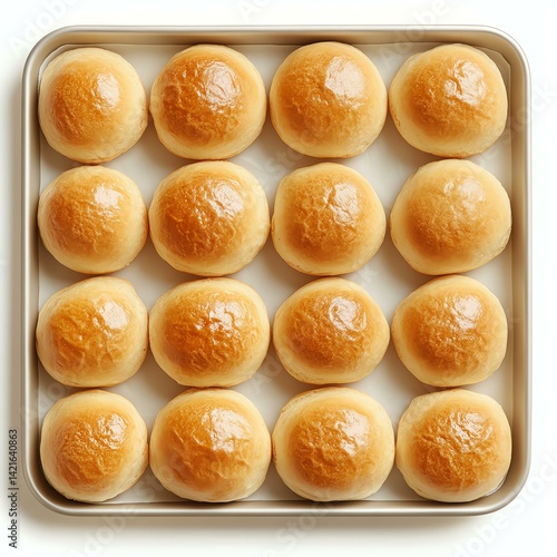 Freshly baked dinner rolls in a tray.