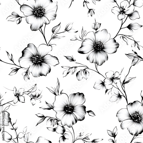 Elegant black and white floral pattern with delicate flowers and leaves
