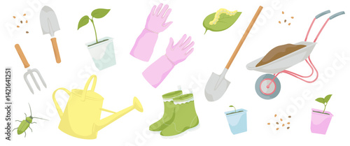 gardening tools and plants, protective gloves, wheelbarrow, watering can, Hand garden trowel, Hand garden fork