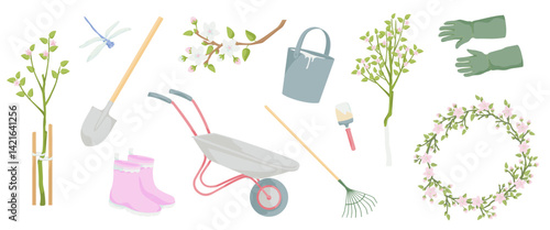 set tools and elements about gardening, protective gloves, shovel, rake, pair of rubber boots, blooming apple tree
