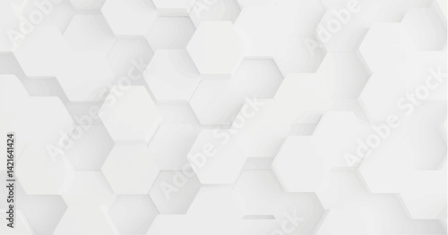 Create a vector illustration of a white background with multiple white hexagons arranged in a staggered, honeycomb pattern. Include soft shadows to give a 3D effect and slight depth to the hexagons. 