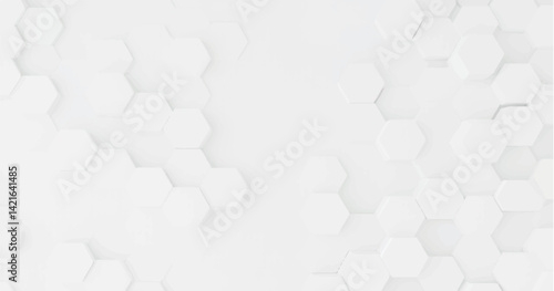 Create a vector illustration of a white background with multiple white hexagons arranged in a staggered, honeycomb pattern. Include soft shadows to give a 3D effect and slight depth to the hexagons. 