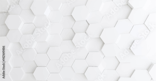Create a vector illustration of a white background with multiple white hexagons arranged in a staggered, honeycomb pattern. Include soft shadows to give a 3D effect and slight depth to the hexagons. 