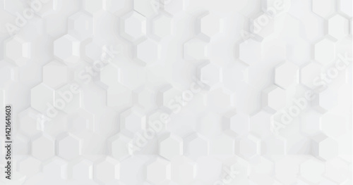 Create a vector illustration of a white background with multiple white hexagons arranged in a staggered, honeycomb pattern. Include soft shadows to give a 3D effect and slight depth to the hexagons. 