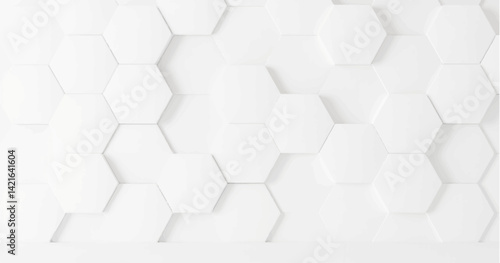 Create a vector illustration of a white background with multiple white hexagons arranged in a staggered, honeycomb pattern. Include soft shadows to give a 3D effect and slight depth to the hexagons. 