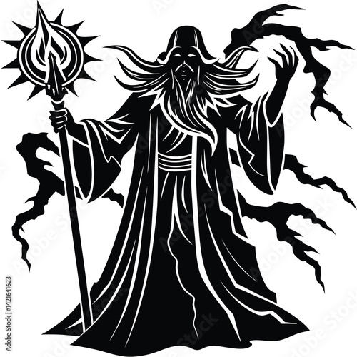 Black Silhouette Wizard with Staff and Lightning, Fantasy Art, Vector Illustration