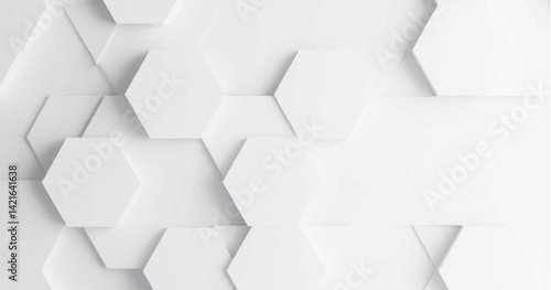 Create a vector illustration of a white background with multiple white hexagons arranged in a staggered, honeycomb pattern. Include soft shadows to give a 3D effect and slight depth to the hexagons. 