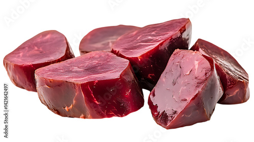Raw beef liver in deep reddish-brown slices, slightly glossy and soft-textured, isolated on a pure white background, emphasizing nutrient-rich organ meat