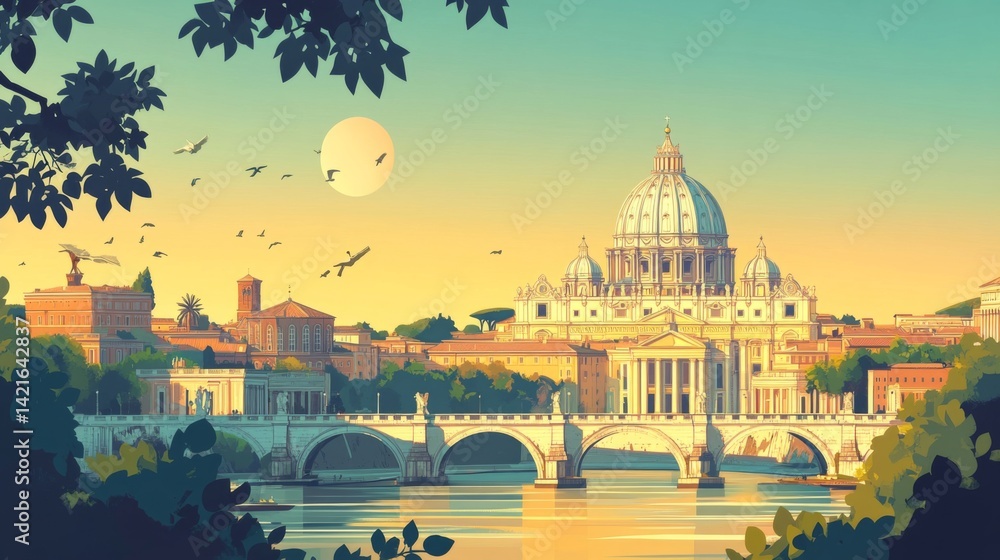 Fototapeta premium St. Peter Basilica in Rome Poster Ilustration Travel Print Decor Gift Paper Canvas Wall Retro Art