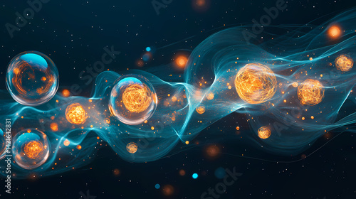 Teal and orange light bubbles floating on a dark blue background, with subtle starlight effects, and glowing fibers, cosmic elements , shimmering lights. Starlight Fibers. Illustration