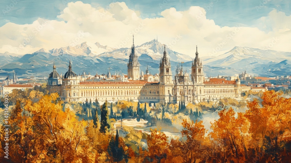 Obraz premium El Escorial Madrid Spain Poster Ilustration Travel Print Decor Gift Paper Canvas Wall Retro Art