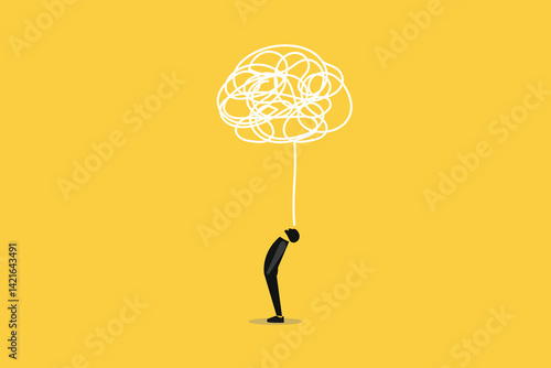 Businessman employee with anxiety busy line over his head. concept of Stress at work, exhausted from overworked and too many problems or frustrated and paranoia office worker