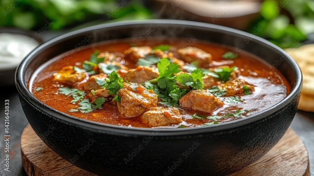 Aromatic curry in a bowl. Steaming, flavorful lamb curry, garnished with fresh cilantro. A rich, vibrant dish served in a dark bowl Aromatic curry in a bowl. Steaming, flavorful lamb curry, garnished with fresh cilantro. A rich, vibrant dish served in a dark bowl