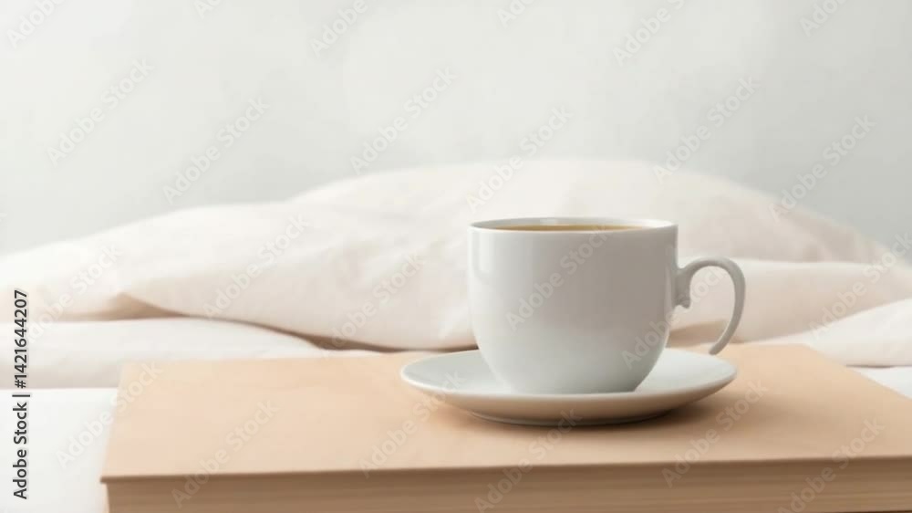 Serene Morning Ritual: A cup of steaming coffee rests gracefully upon a simple book, embraced by soft linen, offering a moment of tranquility and gentle start to the day. Serene Morning Ritual: A cup of steaming coffee rests gracefully upon a simple book, embraced by soft linen, offering a moment of tranquility and gentle start to the day.