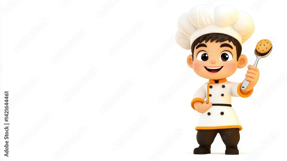 A cheerful cartoon chef holds a cookie, showcasing a playful and inviting character with a white chef's hat and uniform against a blank background. A cheerful cartoon chef holds a cookie, showcasing a playful and inviting character with a white chef's hat and uniform against a blank background.
