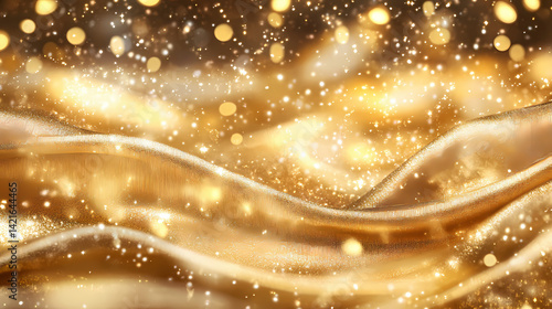 Luxurious golden silk fabric with bokeh lights in the background. Dark Matter Weave. Illustration