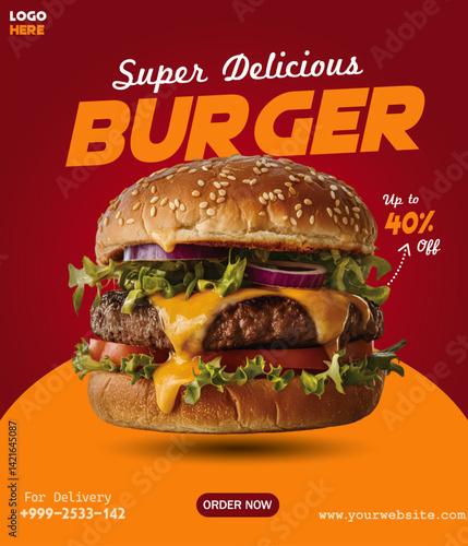 Super Delicious Cheeseburger Flyer and Social Media Banner Design for Burger Ads and Food Promotion