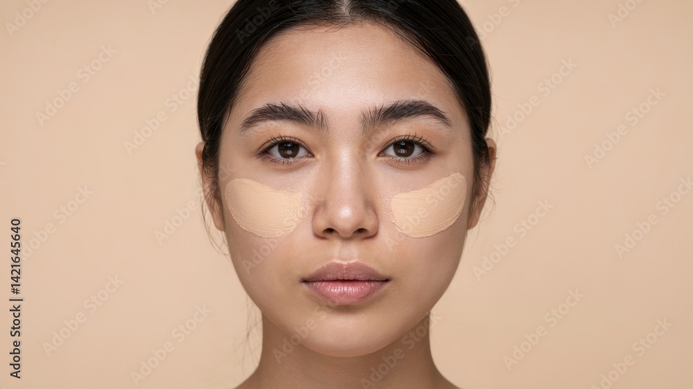 Asian woman applying makeup with under-eye patches against neutral background Asian woman applying makeup with under-eye patches against neutral background