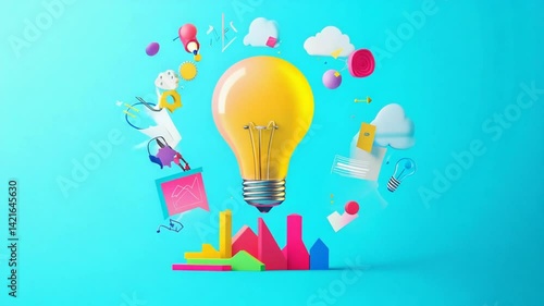 3D Rendered Light Bulb with Floating Creative Elements Against a Teal Background