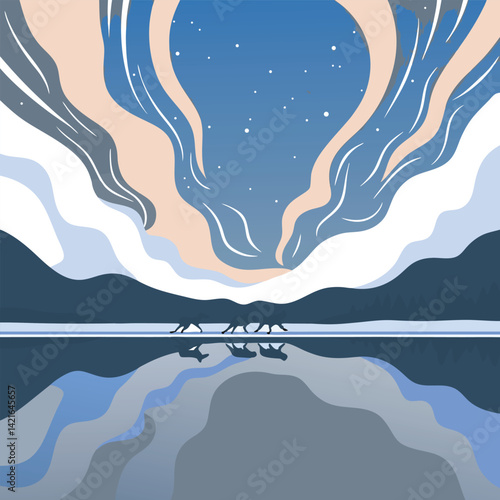 Mystical wolf silhouette designs in nature scenes with spiritual, emotional and tribal elements vector illustration