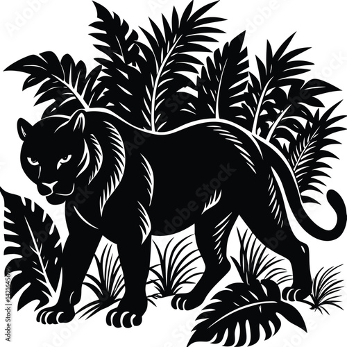 Black Panther Silhouette Illustration: Jungle Cat Vector Graphic, Wildlife Art, Feline Predator in Tropical Foliage Design