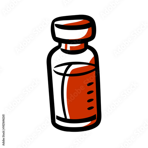 Vaccine vial depicted in a simple illustration style, focusing on the bottle shape and liquid content
