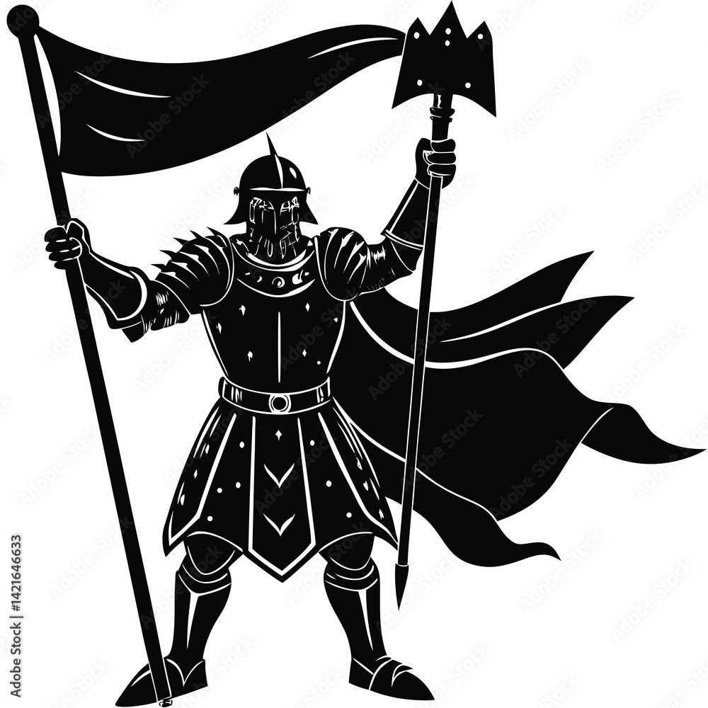 Obraz premium Medieval Knight Warrior Vector Art: Black and White Illustration of a Soldier in Armor Holding a Flag and Trident, Fantasy Graphic Design