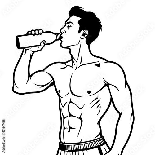 Line art of an athletic man drinking water with sweat drops, emphasizing hydration in a cooldown zone, health and fitness