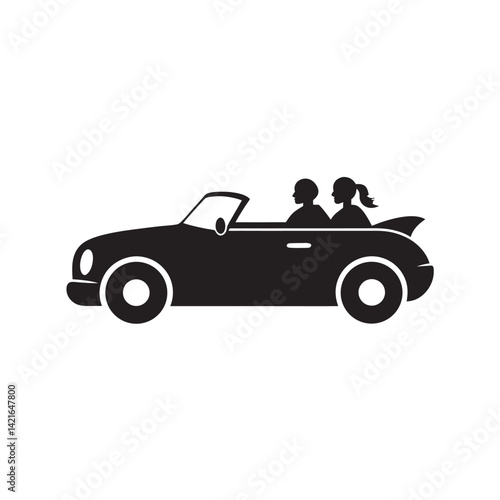 A black and white vector illustration depicts an isolated black automobile, a classic design of a fast vehicle for transport