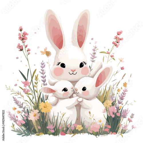 Mother Rabbit with Two Bunnies in Flower Field