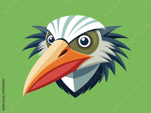 A colorful, cartoon-style vector illustration depicts a tropical toucan bird with a large yellow and black beak perched on a branch in the wild jungle