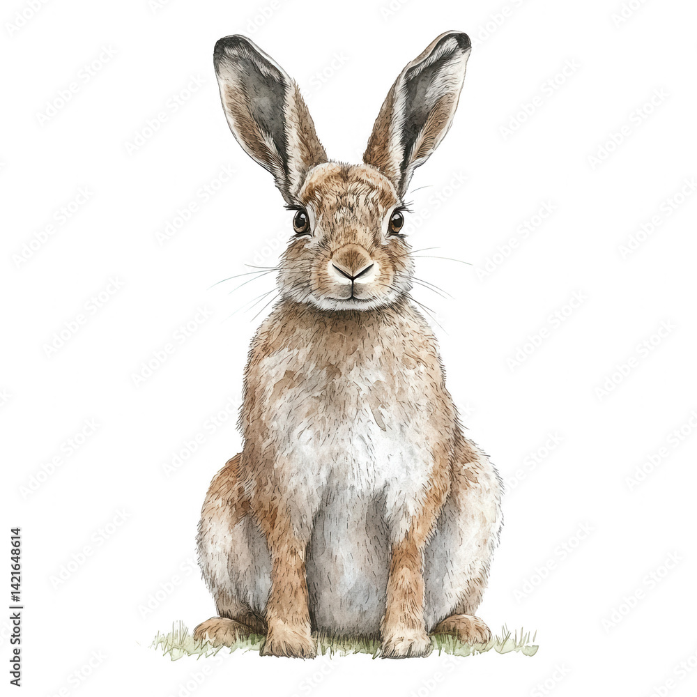 Fototapeta premium Detailed hare watercolor illustration on dark background, capturing delicate textures