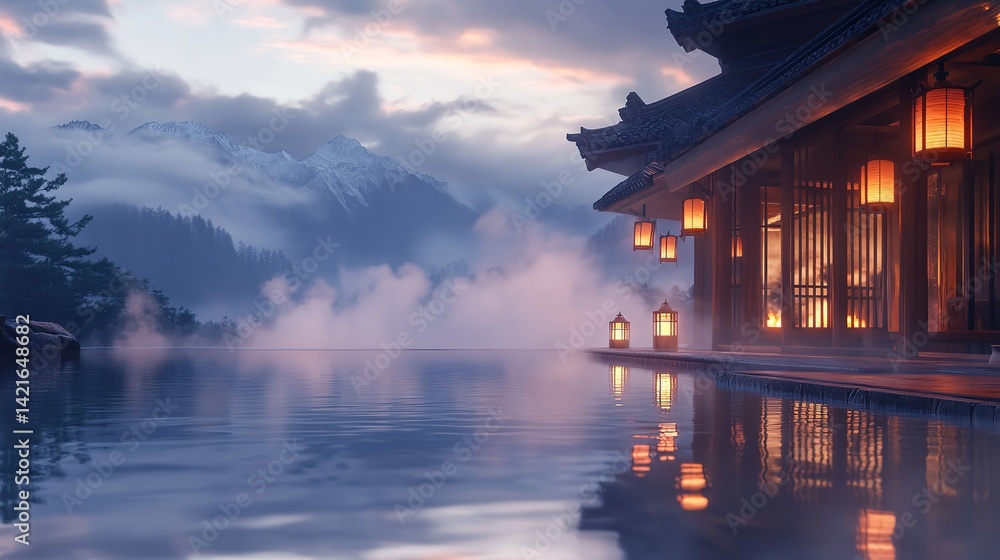 Obraz premium Serene Mountain Spa Resort Tranquil Infinity Pool Scenic View Peaceful Asian Architecture Misty Landscape Breathtaking Sunrise Japanese Style Hot 