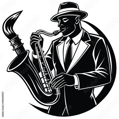 Black and White Vector Illustration of a Jazz Musician Playing Saxophone in Suit and Hat - Retro Style Music Art