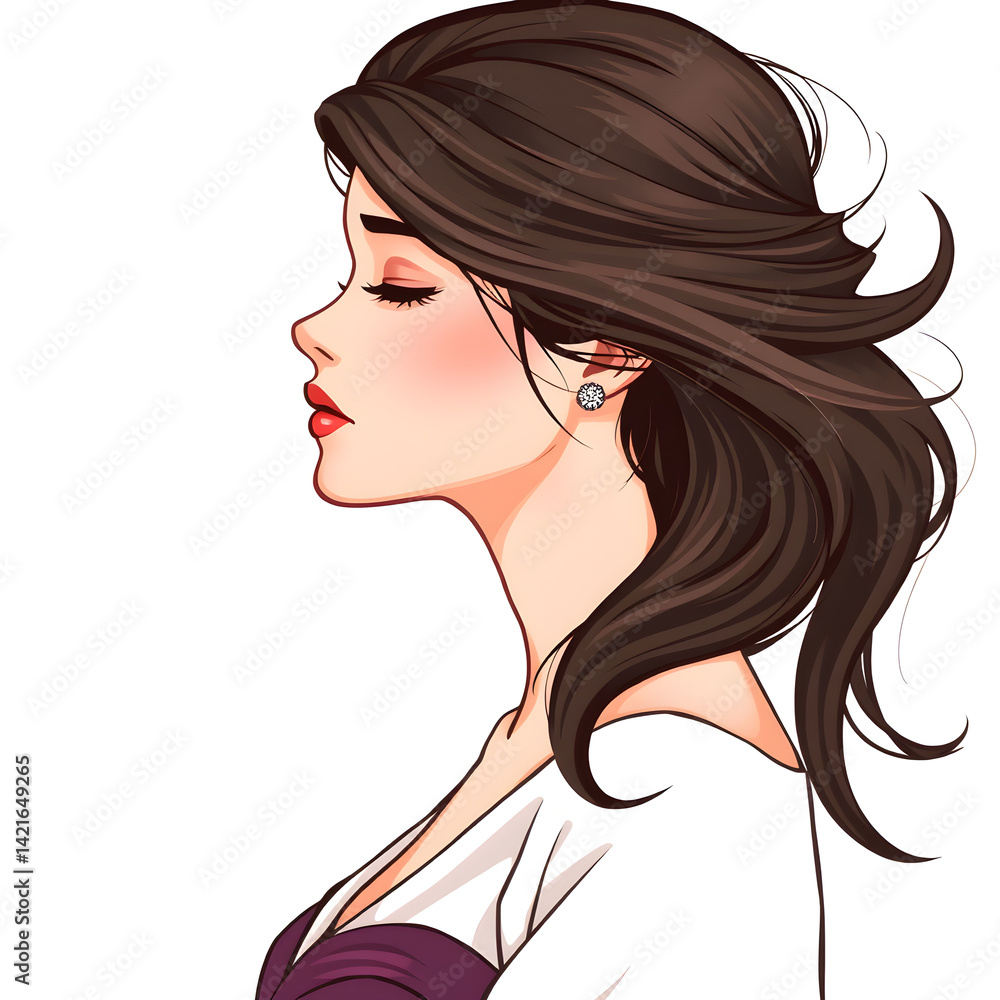 Elegant Anime Woman Profile Illustration – Beautiful Brunette with Flowing Hair and Red Lips Elegant Anime Woman Profile Illustration – Beautiful Brunette with Flowing Hair and Red Lips