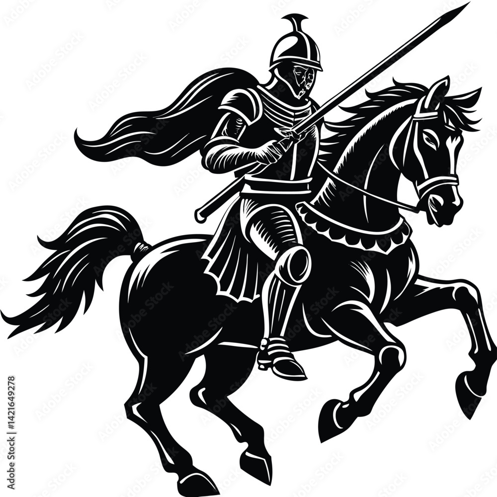 Fototapeta premium Black and White Vector Illustration of a Knight on Horseback with Lance - Medieval Warrior Graphic Art