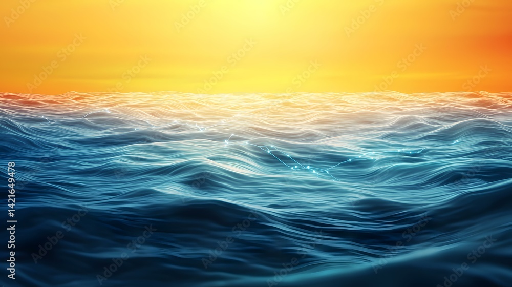 Obraz premium The image shows a stylized rendering of an ocean surface at sunset, with glowing lines suggesting a network or connection overlaid on the waves.
