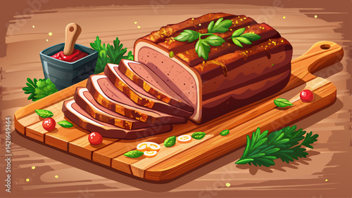 Deliciously sliced barbecue beef brisket served on a rustic wooden board garnished with fresh herbs Very beautiful