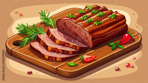 Deliciously sliced barbecue beef brisket served on a rustic wooden board garnished with fresh herbs Very beautiful