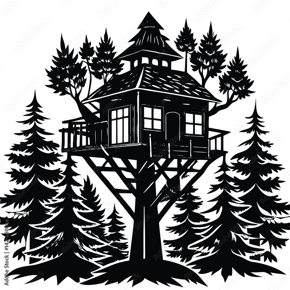 Obraz premium Black & White Treehouse Illustration: Detailed Woodcut Style Image of a Cozy Tree House Surrounded by Pine Trees - Nature & Architecture Art