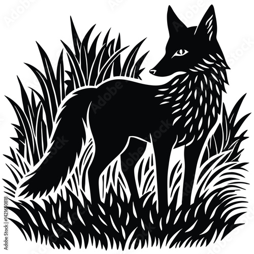 Black and White Fox Illustration: Silhouette of a Fox in Grass, Vector Graphic, Animal Art, Wildlife Design, Nature Illustration