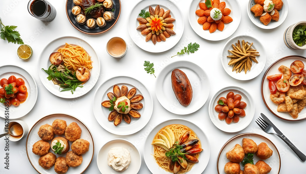 Top view of food assortment. Luxury buffet flat lay. Selection of plates and dishes on white background, flat design. White tone Top view of food assortment. Luxury buffet flat lay. Selection of plates and dishes on white background, flat design. White tone