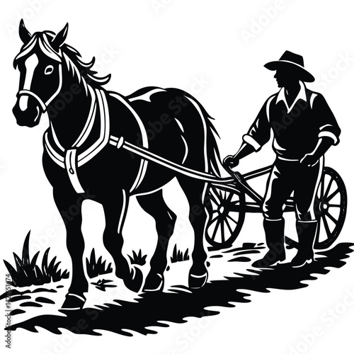 Horse-Drawn Plow Illustration: Vintage Farmer Tilling Field with Horse, Black and White Agricultural Scene, Farm Life, Rural Farming, Old-Fashioned Style