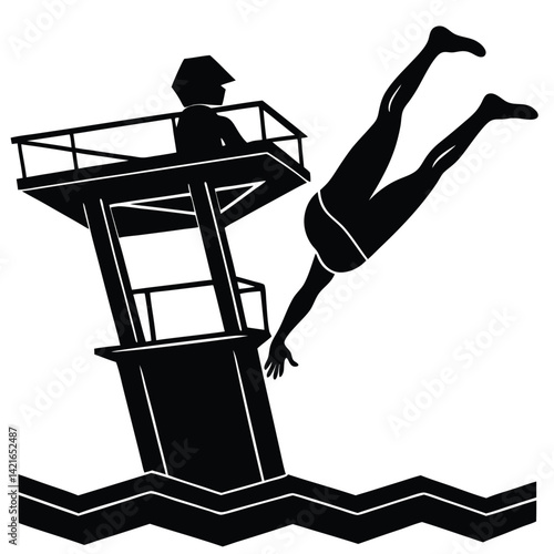Silhouette Illustration of Diver Leaping from Diving Tower with Lifeguard, Water Waves, Black and White Graphic Art