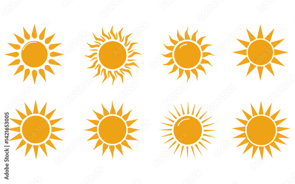 A collection of distinct yellow sun icons, each with a unique style of rays, presented in a grid format on a light yellow background. A collection of distinct yellow sun icons, each with a unique style of rays, presented in a grid format on a light yellow background.